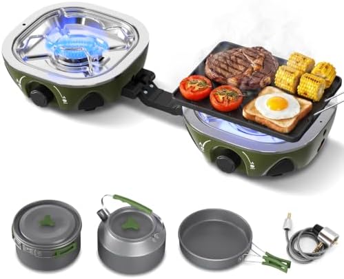 20000 BTU Propane Camping Stove with Cookware Set & Carry Bag Olive by Unknown