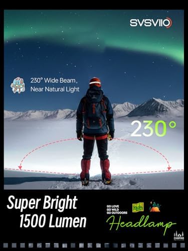 svsviio K0206 1500 Lumens Rechargeable LED Headlamp,Super Bright 230° Wide Beam Head lamp,3 Modes,Lightweight,IPX5,Head Lights for Forehead,Hard Hat Flashlight for Adults Camping Essentials Gear - Image 2