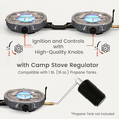 Cofiyard 20,000 BTUs 2 Burner Propane Camping Stove, Portable Folding Camp Stove with Adjustable Burners, Built-in Ignition and Carrying Bag, Dual Gas Stoves for Tailgating, Camping, BBQ Overland Grey - Image 2
