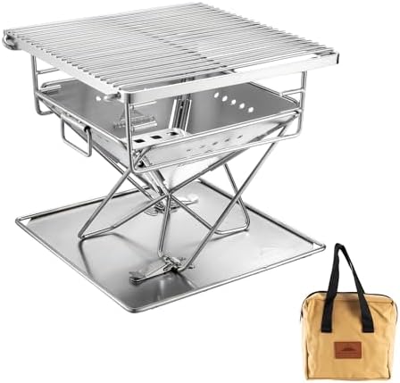 CAMPINGMOON Portable Charcoal Grill 9.65 Inch Stainless Steel Tabletop Grill Fire Pit 3 Level Adjustable Height Grill for Camping Outdoor Cooking Barbecue Carry Bag X-MINI-PRO by CAMPINGMOON