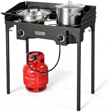 ROVSUN 2 Burner Outdoor Camping Stove with Wind Panel, 150,000 BTU Propane Burner, Gas Cooker with Detachable Legs & CSA Regulator for Home Camp Paito Cooking Frying Canning by ROVSUN