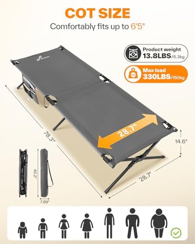 Sportneer Camping Cot, 78.3"x28.7"x14.6" Sturdy 6-Leg Foldable Guest Bed for Adults with Storage Bag & Side Pocket, Compact Portable Design 330 LBS Support - Image 4