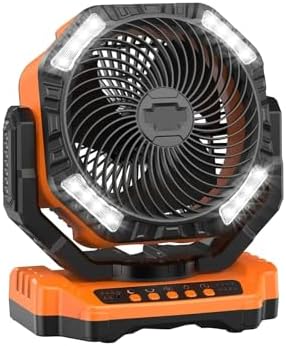 Camping Fan with LED Lantern, 40000mAh Rechargeable Battery Operated Outdoor Tent Fan with Light & Hanging Hook, 4 Speeds, Personal USB Desk Fan for Camping, Power Outage(Orange) by Yioryo