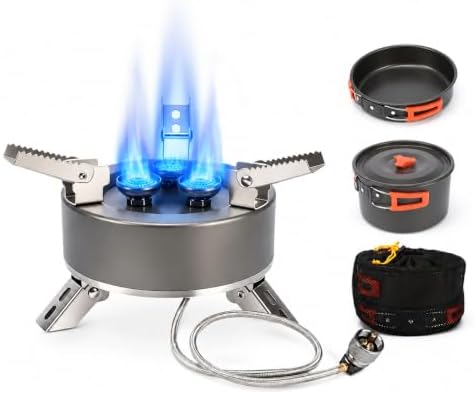 Portable Camping Stove, 5800W Foldable Outdoor Gas Stove with Nonstick Pot, Frying Pan, Mesh Carry Bag, 1 lb Propane Tank Adapter and Hose for Camping, Hiking, Picnic by Hisencn