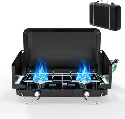 ROVSUN 20000 BTU Propane Camping Stove with Adapter, 2 Burner Tabletop Portable Propane Camp Stove with Built-in Handle & Foldable Wind Panel for Outdoor Camping, Tailgating, Grilling by ROVSUN