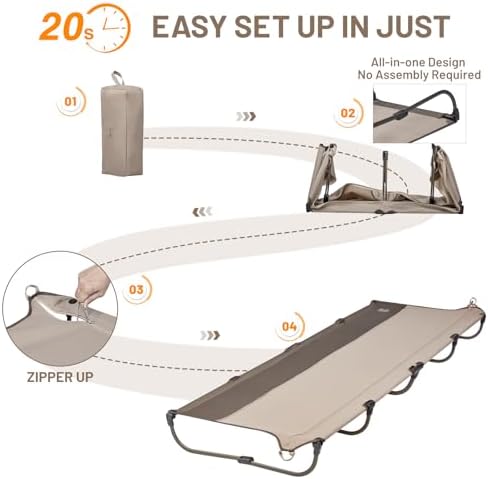 Timber Ridge Lightweight Aluminum Camping Cot, 20-Second Quick Set-Up Folding Cot with Zipper Closure, Portable Carry Bag Included for Camping, Travel and Outdoors, Support up to 225lbs, Tan - Image 3