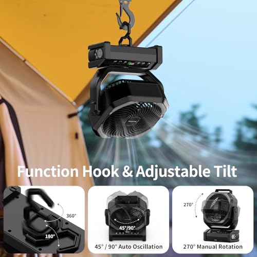 Socool Camping Fan with Light, 20000mAh Rechargeable Battery Fan with Remote, 112Hrs & 8 Speeds, Digital Display, Timer, Auto Oscillation, 270° Pivot & Hook for Outdoor Tent, Hurricane, Power Outage - Image 3