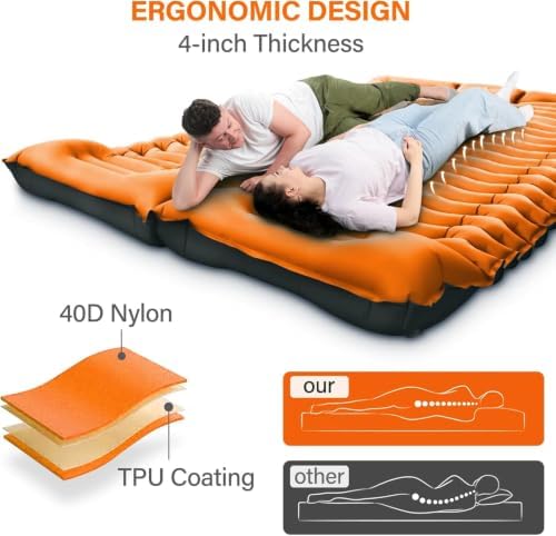 Yuzonc Double Sleeping Pad for Camping, 4" Extra Thick Self-Inflating Air Mattress - 2 Person Inflatable Camping Mat with Built-in Foot Pump & Pillow, Backpacking Hiking Tent Travel-Orange - Image 6
