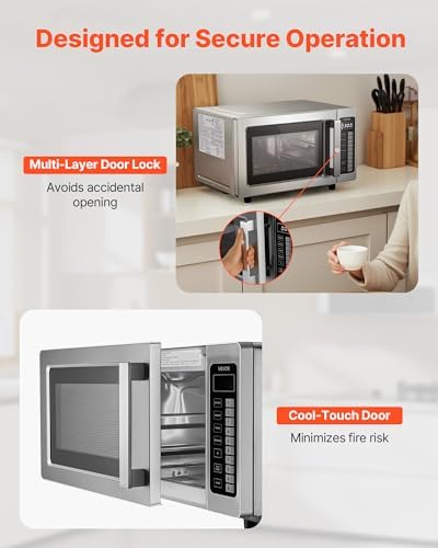 VEVOR Commercial Microwave Oven, 0.9 Cu Ft, 1000W Digital Stainless Steel Countertop Microwave Oven with Touchscreen, 10 Cooking Presets, 5 Power Levels, Multi-Lock Door & Easy Clean for Restaurants - Image 6