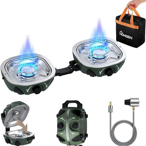 HOMGEN Portable Dual Burner Propane Stove - 20,000 BTU Foldable Camping Stove with Piezo Ignition- Portable 2 Burner for Camping/Hiking/Picnic/RV Travel Trip-Includes Storage Bag & Hose (Green) by ProvideaSmartHealthyLife