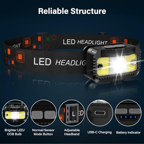 MIOISY Headlamp Rechargeable, Ultra Bright LED Head Lamp Flashlight with White Red Light, Motion Sensor Waterproof Headlight,8 Modes Head Lights for Outdoor Camping Fishing Running-4 Pack - Image 2