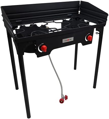 Gas One Propane Double Burner Two Burner Camp Stove with Windscreen Outdoor High Pressure Propane 2 Burner Adjustable PSI Regulator and 4ft Steel Braided Hose With Removable Legs by GasOne
