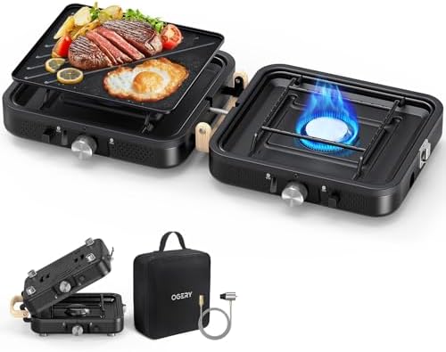 OGERY 2-Burner Foldable Camping Stove with Griddle (Textured & Smooth) and Carrying Bag, Portable Propane Camp Stove with 2 Adjustable Burners & Piezo Ignition, for Camping Tailgating Essentials Gear by OGERY