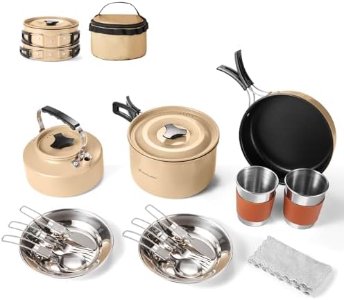 Odoland 15pcs Camping Cookware Mess Kit, Lightweight Pot Pan Kettle Set by Odoland