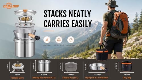 Camping Cookware Set with Stove, Stainless Steel Outdoor Cooking Kit with Pot, Strainer Pot, Frying Pan, Adapter and Storage Bag, Portable Camping Pots and Pans Set for Camping, Hiking, Backpacking - Image 2