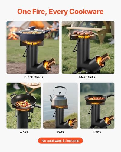 VEVOR Camping Rocket Stove, Wood Burning Portable Rocket Stove with Carrying Bag for Backpacking, Carbon Steel, Burn Wood, Twigs or Sticks for Outdoor Cooking, Backyard, Camp Cooking, Heating, Black - Image 5