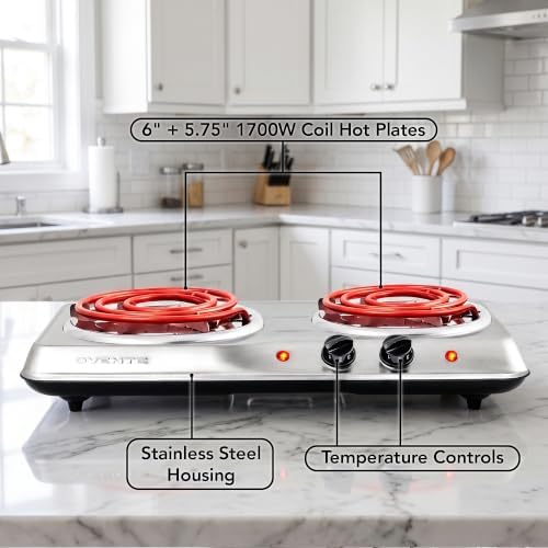 OVENTE Electric Double Burner, 1700W Coil Hot Plate, Silver BGC102S - Image 3