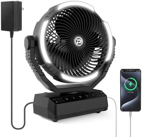 PANERGY Camping Fan with Light - 20000mAh Rechargeable Battery Fan with Charger, 70Hrs Cooling Time, 4 Speeds, 110° Auto Oscillation & 270° Pivot Design with Hook for Camping/Power Outage/Hurricane by PANERGY