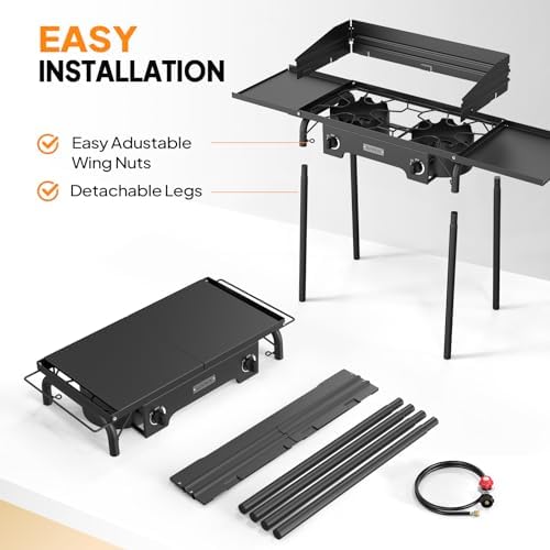 ROVSUN 2 Burner Gas Stove with Side Shelves, 150,000 BTU Portable Propane Stove with Removable Legs, Wind Panels & Regulator for Camping Home Backyard Cooking Brewing Canning Turkey Frying - Image 5