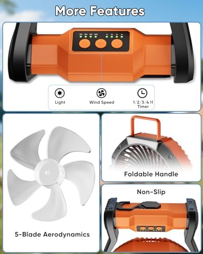 Portable Rechargeable Fan, 20000mAh Battery Powered Camping Fan with LED Light & Hook, 270° Adjustable, 4-Speed, 4H Timer Camping Essentials for Outdoor Tent Travel BBQ Car_Orange - Image 6