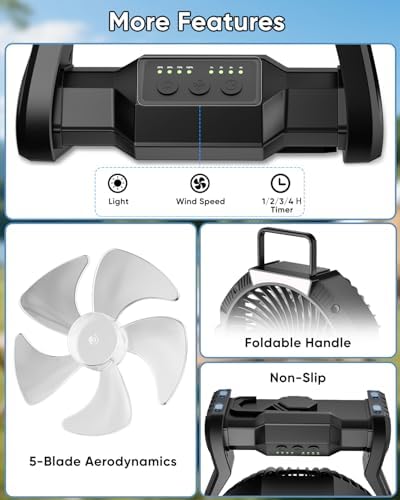 Portable Rechargeable Fan, 20000mAh Battery Powered Camping Fan with LED Light & Hook, 270° Adjustable, 4-Speed, 4H Timer Camping Essentials for Outdoor Tent Travel BBQ Car, Gifts for Men Dad - Image 5