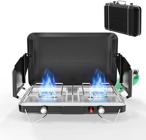 ROVSUN 20000 BTU Propane Camping Stove with Igniter, 2 Burner Portable Camp Stove with Adapter, Built-in Handle & Foldable Wind Panel for Outdoor Camping, Tailgating, Grilling by ROVSUN