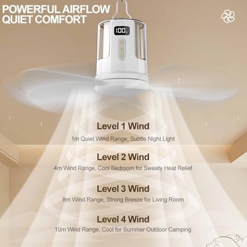 Portable Camping Fan with Light, 16″ Rechargeable Tent Ceiling Fan, 10800mAh Battery, 3 Color Temperature & RGB Adjustable Lighting, Detachable Blades for Camping, RV, Patio (White) - Image 2