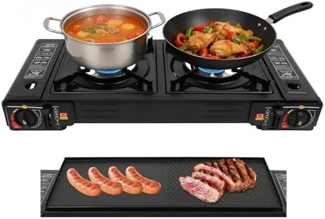 2-Burner Portable Camping Stove, Butane Camping Stove with Non-sticking Grill Tray, Outdoor Travel Camp Stove for Camping, BBQ, Home by DDBESSIC
