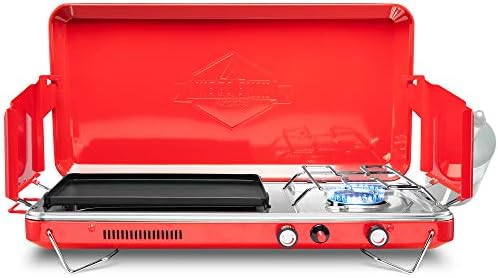Hike Crew 2-in-1 Gas Camping Stove and Griddle, Portable Propane Burner w/Integrated Igniter & Stainless Drip Tray | Built-in Carrying Handle, Foldable Legs & Wind Panels | Includes Regulator by HikeCrew