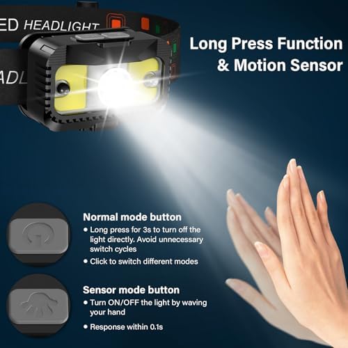 MIOISY Headlamp Rechargeable, Ultra Bright LED Head Lamp Flashlight with White Red Light, Motion Sensor Waterproof Headlight,8 Modes Head Lights for Outdoor Camping Fishing Running-4 Pack - Image 3