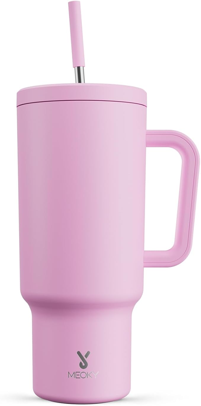 Meoky 40 oz Tumbler with Handle and Straw: Stainless Steel Insulated Tumbler with Lid and Straw - 100% Leak Proof Tumbler for Car Cup Holders - Travelers Commuters Workers, Pink by MEOKY