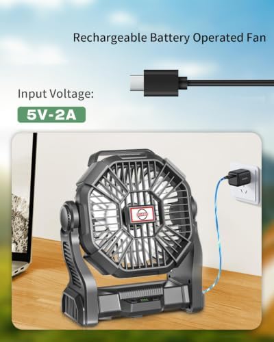 AEscod Portable Camping Fan, Rechargeable Battery Operated with LED Lights, Hanging Hook, 270°Rotation, Battery Powered Fan for Beach, Office, Picnic, Fishing, Travel, Tent - Image 3