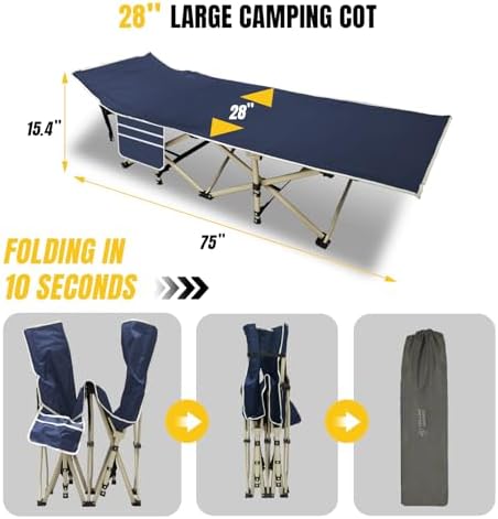 YELLOW JACKET Folding Camping Cot for Adults,600LBS Max Load,28" Wide Sleeping Cot with Removable Thick Mattress Portable Foldable Camping Bed with Carry Bag for Camp,Home,Office,Travel,Blue - Image 3