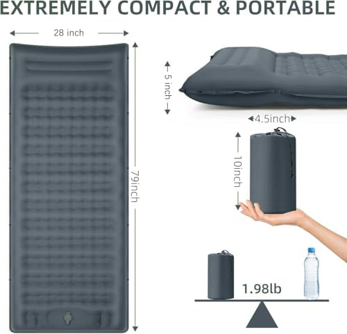 FNARMW Camping Sleeping Pad, Extra Thick 5 Inch Camping Mat with Pillow Built-in Foot Pump Inflatable Sleeping Pads Compact for Camping Backpacking Hiking Traveling Tent（Gray） - Image 5