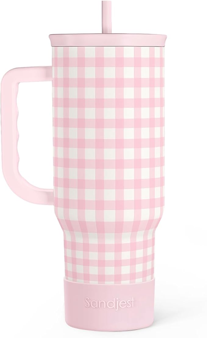 Pink Gingham 40oz Slider Tumbler with Handle and Straw - Insulated Stainless Steel Travel Coffee Mug for Women Girls, Gift for Birthday, Christmas by SANDJEST