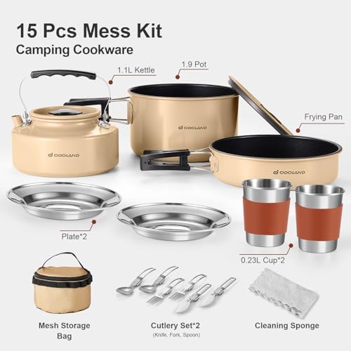 Odoland 15pcs Camping Cookware Mess Kit, Lightweight Pot Pan Kettle Set - Image 2