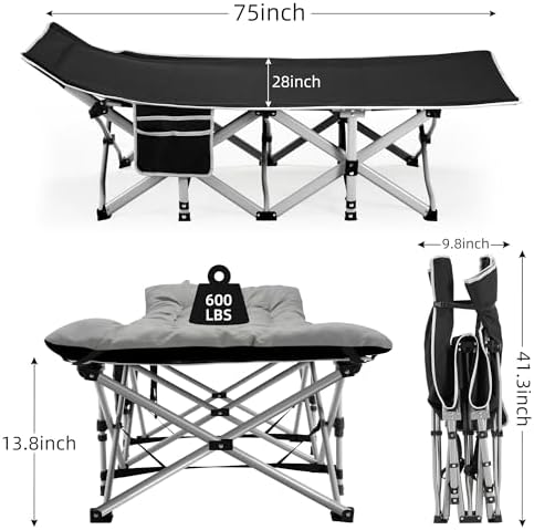 Fragess Portable Camping Cot, Sleeping Cots for Adults, 28" Extra Wide Folding Cot Max Load 600LBS with Thick Mattress, Portable Camping Bed for Outdoor Camp/Office, Home Nap (Black+Grey) - Image 6
