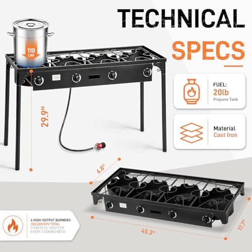 Outvita 4 Burner Propane Gas Stove for Outdoor Cooking, 300,000 BTU - Image 2