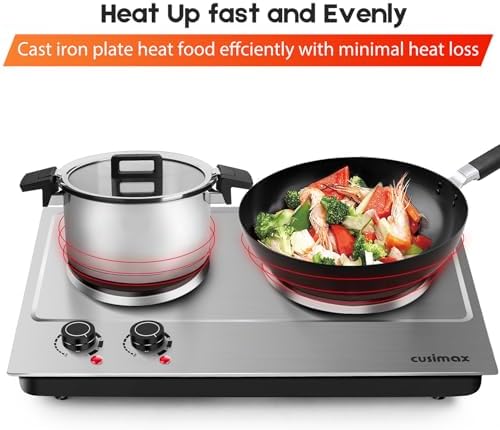 CUSIMAX 1800W Double Hot Plate, Stainless Steel Silver Countertop Burner Portable Electric Double Burners Electric Cast Iron Hot Plates Cooktop, Easy to Clean, Upgraded Version C180N - Image 4