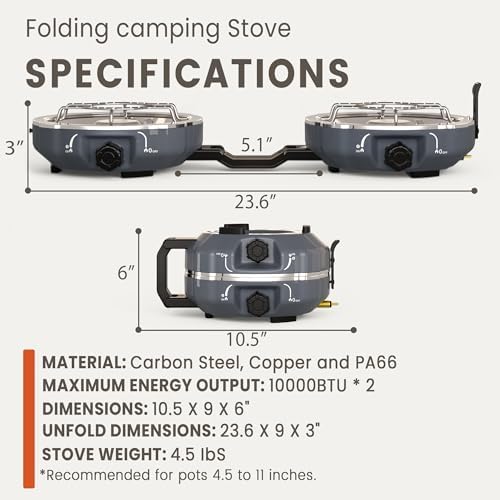 Cofiyard 20,000 BTUs 2 Burner Propane Camping Stove, Portable Folding Camp Stove with Adjustable Burners, Built-in Ignition and Carrying Bag, Dual Gas Stoves for Tailgating, Camping, BBQ Overland Grey - Image 6