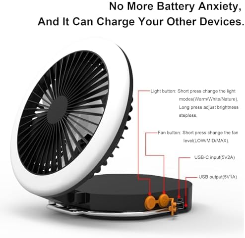iodoo Camping Fan Light with Remote and Portable Carrying Bag - 12000mAh Rechargeable Battery, 24H Run Time, 2000LM, 3 Light Modes & Stepless Dimming, Ultra - Quiet Table Fan Baby Fan - Image 6