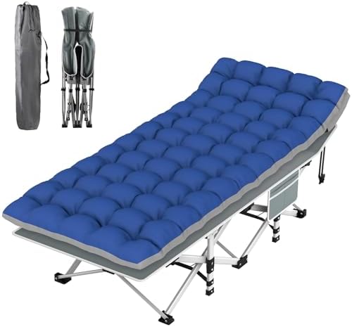 Suteck Camping Cot, Folding Camping Cot Bed for Adults Sleeping 1200D Double Layer Oxford Portable Folding Outdoor Cots for Camping W/Soft Pad Carry Bag for Home Office Nap Beach Travel, Stripe Blue by Suteck