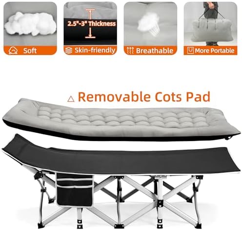 Fragess Portable Camping Cot, Sleeping Cots for Adults, 28" Extra Wide Folding Cot Max Load 600LBS with Thick Mattress, Portable Camping Bed for Outdoor Camp/Office, Home Nap (Black+Grey) - Image 5