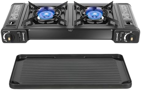 Double Burner Butane Stove, Butane Camping Stove Kit with Baking Pan and Carrying Case, Portable Camping Burner for RV, Apartments, Outdoor by HuaShuani