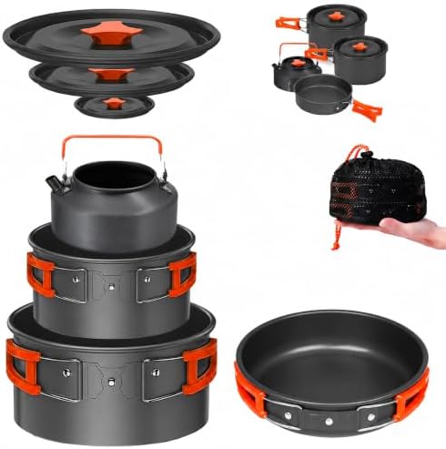 Smokey Camp Camping Cookware Mess Kit Set with Stove - Backpacking Camping Pots and Pans Set, All in One Non-Stick Camping Cooking Set, Portable Stove, Hiking, Picnic, Outdoor & Camping Cookware Set by SmokeyCamp