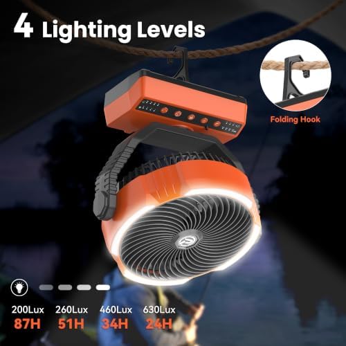 Camping Fan with Light - 20000mAh Rechargeable Battery Fan, 110Hrs Run Time, 4 Speeds, 8H Timers, 110° Auto Oscillation & 270° Pivot Tent Fan with Hook for Camping Power Outage, Hurricane(no adapter) - Image 4