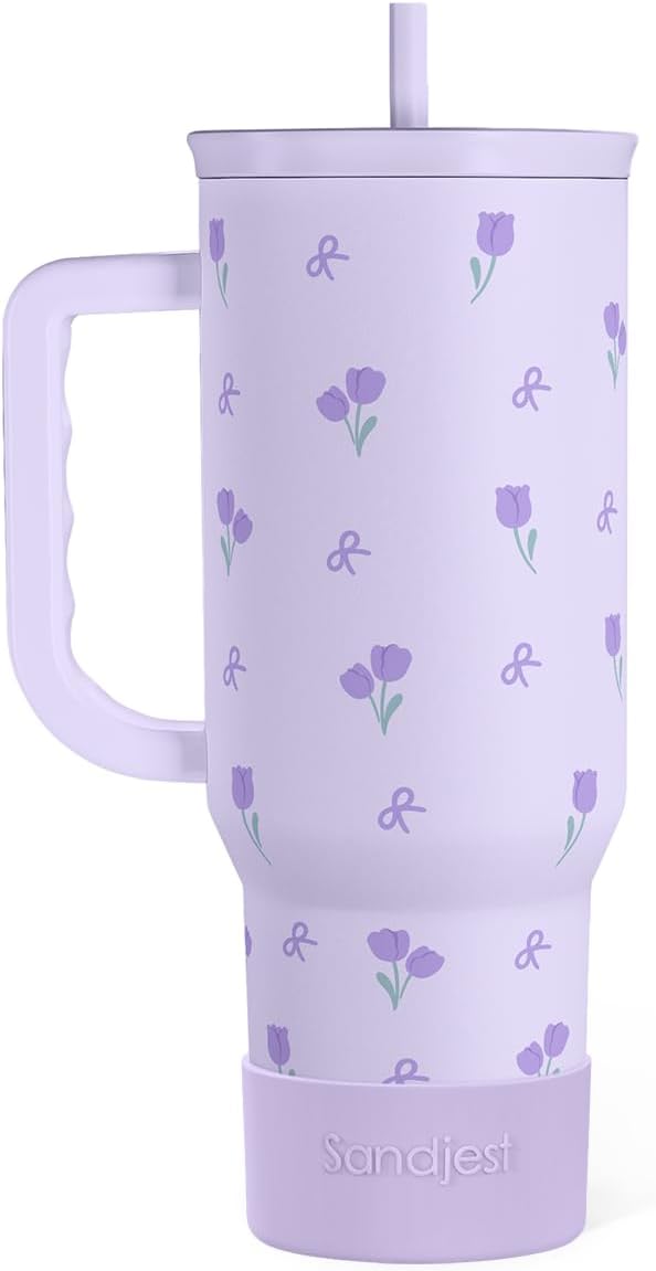 Floral 40oz Tumbler with Handle and Straw – Tulip Insulated Stainless Steel Travel Coffee Mug for Women Girls, Floral Gift Idea for Birthday Christmas Mothers Day by SANDJEST