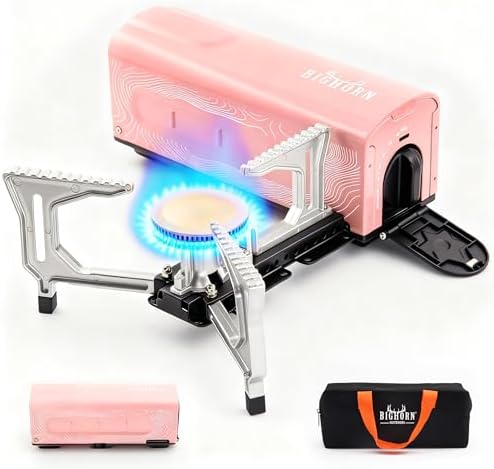 BIG HORN OUTDOORS Butane Camping Stove, Portable Folding Gas Burner with Carry Bag for Camping, Emergency Use and Outdoor Cooking, Pink by BigHornOutdoors