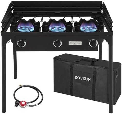 ROVSUN 3 Burner Outdoor Propane Gas Stove with Windpanel, Carrying Bag & Regulator, 225,000 BTU Stand Cooker for Backyard Cooking Camping Home Brewing Canning Turkey Frying by ROVSUN