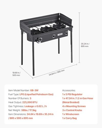 VEVOR 3 Burner Outdoor Propane Gas Stove, Propane LPG Gas Camping Stove, - Image 7